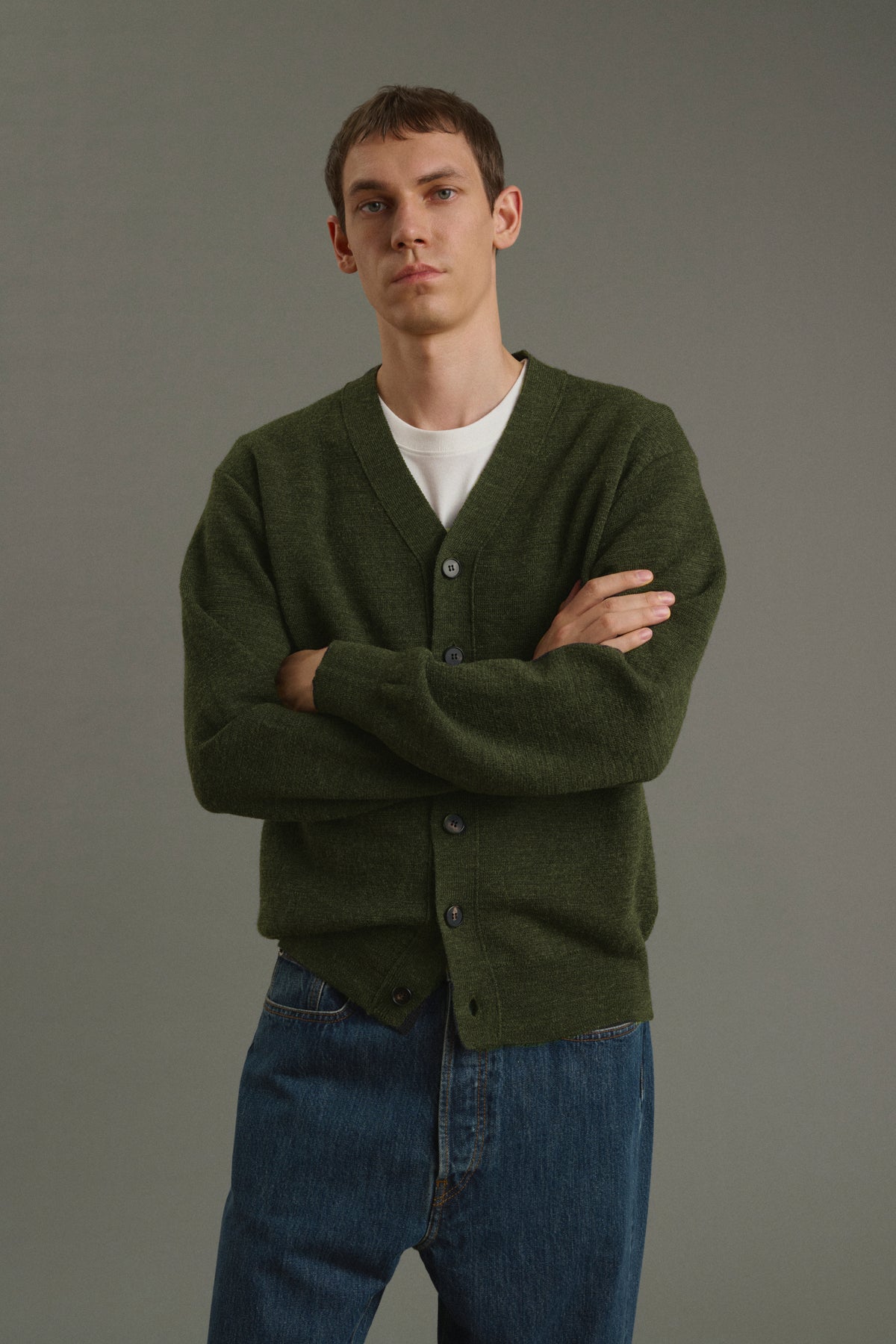 Cardigan Romeo - Kaki scuro - Lana - Uomo