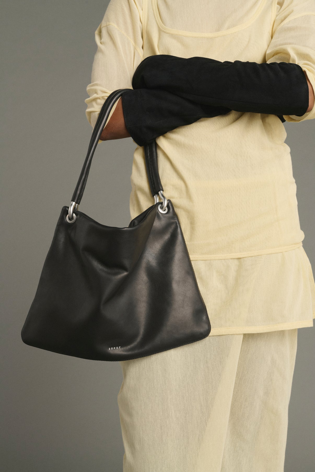 Cabas Gia Mini - Nero Pelle Liscia con Occhielli - Soeur vue 2