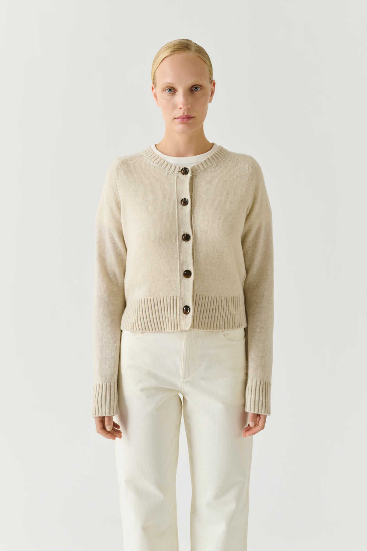 Cardigan Virginia - Écru Chiné - Lana Merinos - Donna vue 1